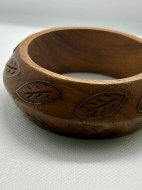 Wooden Bangle, Carved Leaf Detail, Gold Metal Inlay